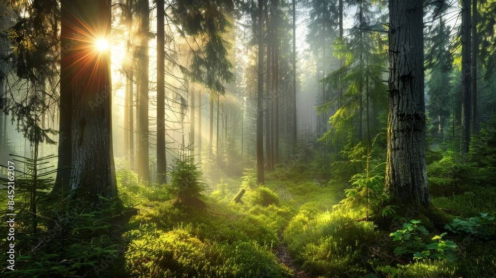 Fototapeta premium Sunlight Filtering Through Dense Forest Trees with Lush Greenery and Moss-Covered Ground in a Serene Natural Landscape