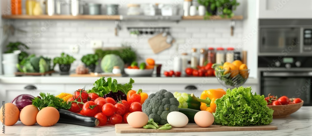 Arrangement of Fruits, Vegetables, and Eggs on White Kitchen Table Reflects Healthy and Vegetarian Foods Background Arrangement of Fruits, Vegetables, and Eggs on White Kitchen Table Reflects Healthy and Vegetarian Foods Background