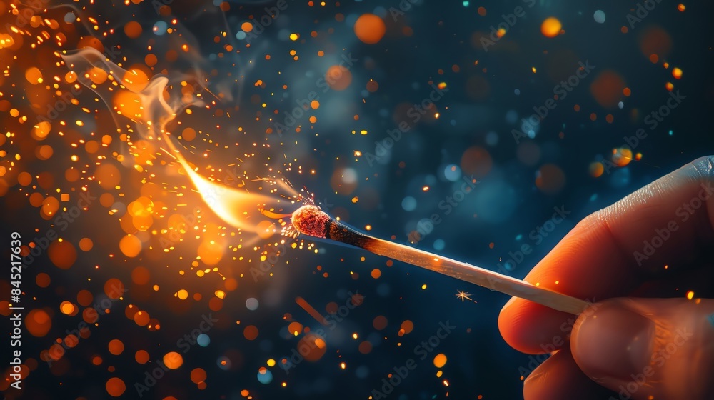 matchstick on fire, sparkles flying around, hand holding the stick, macro photography, bokeh background matchstick on fire, sparkles flying around, hand holding the stick, macro photography, bokeh background