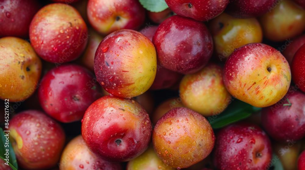 Close-up of freshly harvested red apples with water droplets, highlighting their natural freshness and vibrant colors. Close-up of freshly harvested red apples with water droplets, highlighting their natural freshness and vibrant colors.