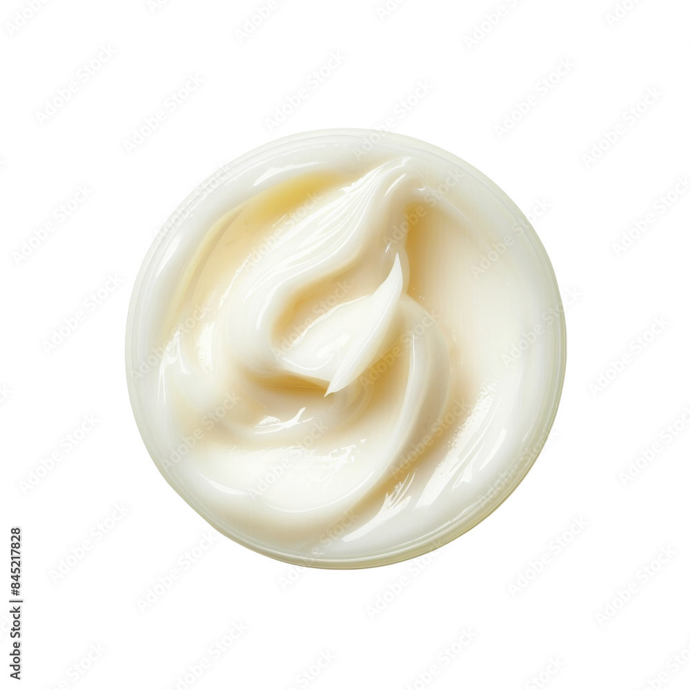 Close-up of a creamy white moisturizer in a jar, isolated white background, transparent background. with swirl marks from scooping. Perfect for beauty and skincare product advertising. Close-up of a creamy white moisturizer in a jar, isolated white background, transparent background. with swirl marks from scooping. Perfect for beauty and skincare product advertising.
