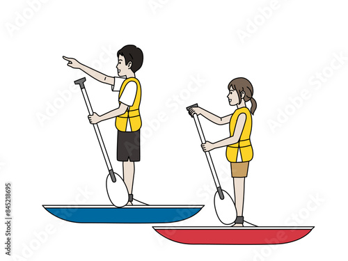 SUP　サップを楽しむ若いカップルのイラスト