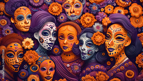 muertas, gesichter, gruppe, maskerade, neu, blumen, halloween, frauen, kunst, design, mexikanisch, folkore, orange, violett, hintergrund, karte, poster, party, feiern, bohemian, masken, schwarz, bunt photo