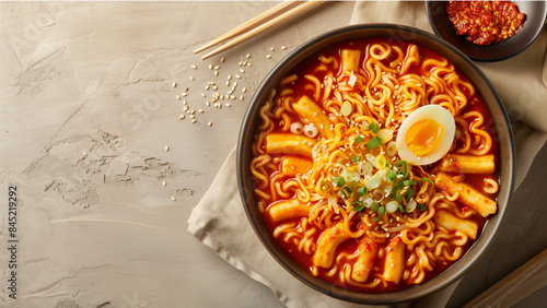 Korean instant noodle and Tteokbokki in Korean spicy sauce, Rabokki - Korean food style top down view, flat lay