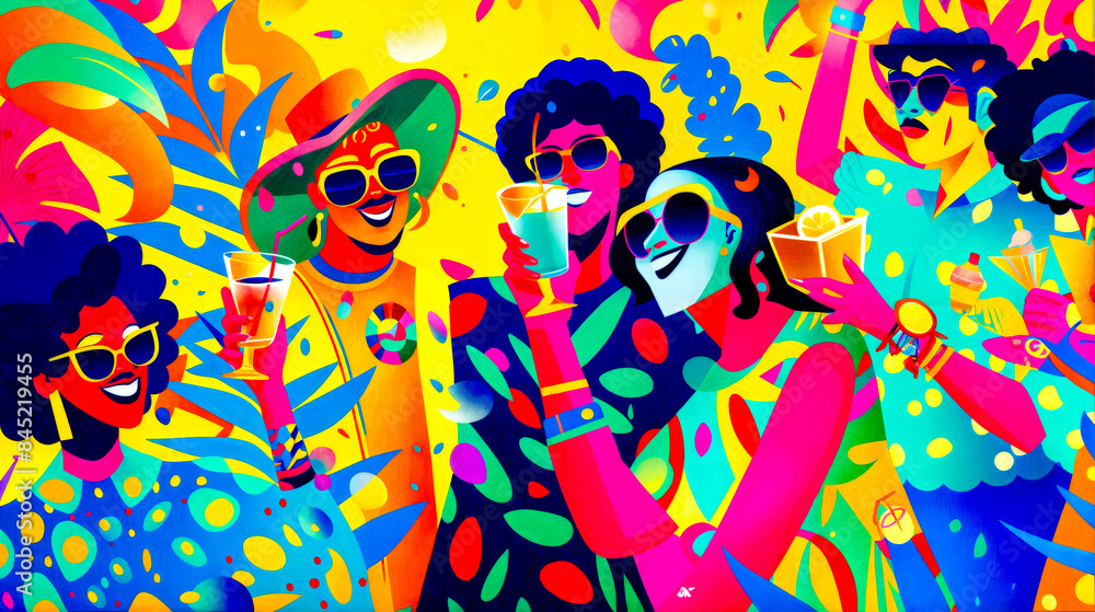 Painting of man and woman holding drinks and confetti. Painting of man and woman holding drinks and confetti.