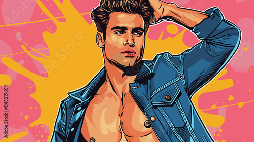 handsome male model in denim jacket posing on pink and orange background vector illustration in pop art and pinup style