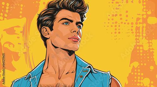 handsome male model in denim jacket posing on orange background vector illustration in pop art and pinup style