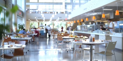 Hospital Cafeteria Welcoming blurred background image of a hospital cafeteria with patients and staff enjoying meals, bright lighting, and a clean, organized space. 