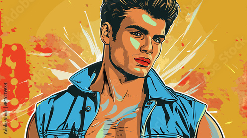 handsome male model in denim jacket posing on orange background vector illustration in pop art and pinup style