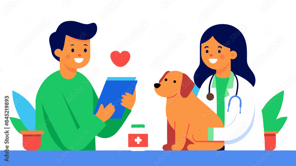 vet discussing dog nutrition with client, while dog sits patiently vet discussing dog nutrition with client, while dog sits patiently