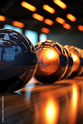 Bowling balls in return system, close perspective, dynamic angle, soft glow © Xyeppup