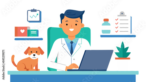 Veterinarian Consultation Vector Illustration - accompanied by an attentive dog