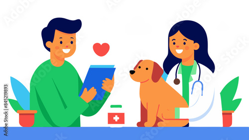 vet discussing dog nutrition with client, while dog sits patiently 
