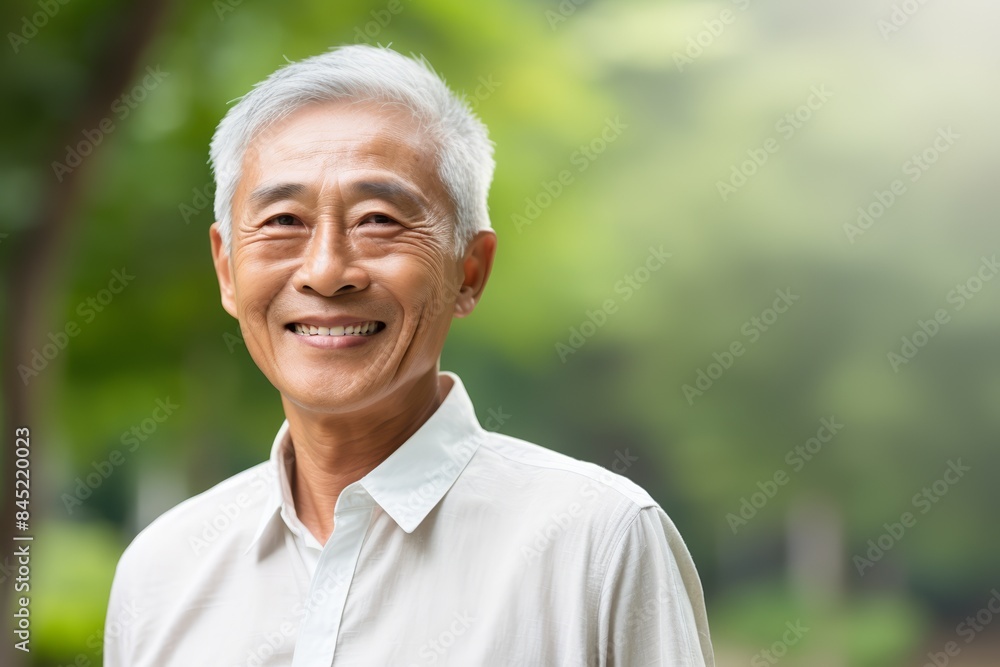 Close-up of a senior Asian man smiling warmly, soft natural light, blurred green background Close-up of a senior Asian man smiling warmly, soft natural light, blurred green background