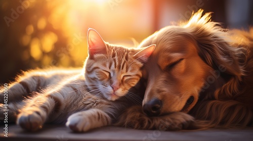 Close-up of a sleeping dog and cat hugging, peaceful, warm afternoon light