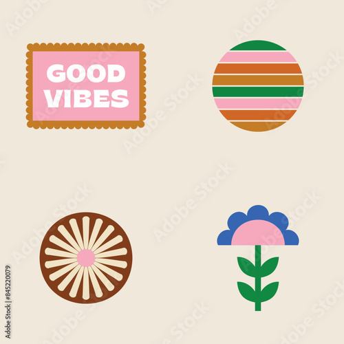 70s Retro Collection Set - Logos, Icons and flowers, retro sunglasses, rainbow, florals, good vibes quote, floral, pink, gold, beige, green, blue, brown and orange colors