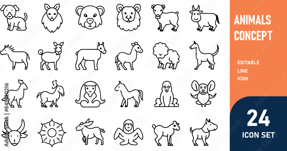 Animals related concept such as Dog, cat, horse, pig, sheep, goat, chicken, bird, fish & many more editable stroke outline icons isolated on white background flat vector illustration Animals related concept such as Dog, cat, horse, pig, sheep, goat, chicken, bird, fish & many more editable stroke outline icons isolated on white background flat vector illustration