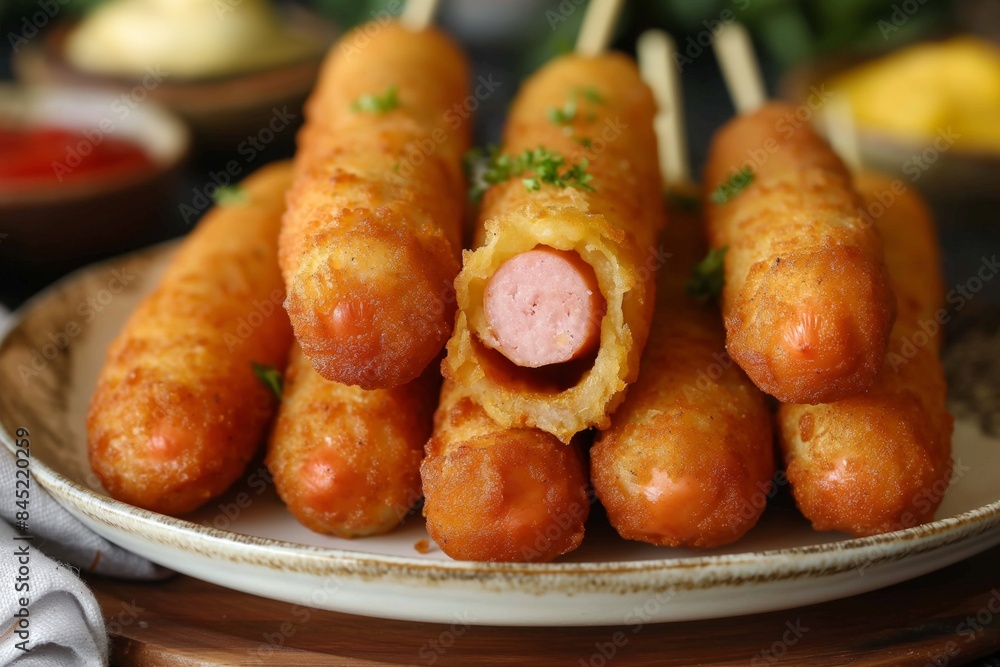 Corn dogs with a visible filling, served on a ceramic plate Corn dogs with a visible filling, served on a ceramic plate