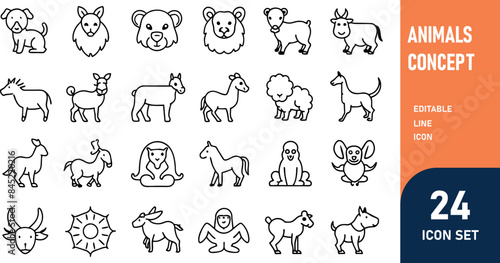 Animals related concept such as Dog, cat, horse,  pig, sheep, goat, chicken, bird, fish & many more editable stroke outline icons isolated on white background flat vector illustration