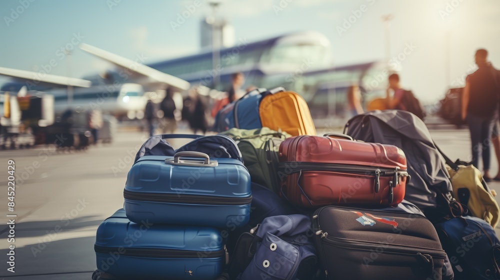 Close-up on a pile of suitcases at an airport, travelers in the background, airplane outside, natural light, focused depth Close-up on a pile of suitcases at an airport, travelers in the background, airplane outside, natural light, focused depth