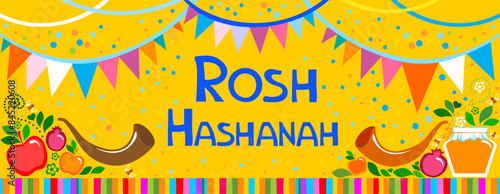 Rosh hashanah (jewish New Year holiday) concept. Traditional symbols. Template for postcard or invitation card, poster, banner. Horizont banner. Greeting, invitation card or flyer. Vector illustration
