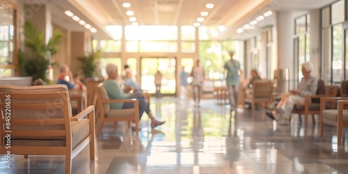 Nursing Home Supportive blurred background image of a nursing home with staff assisting elderly residents, comfortable seating, and a warm, inviting atmosphere. 