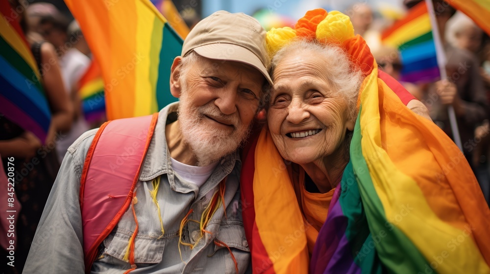 Elderly couple at Pride, draped in rainbow flags, symbolic, heartfelt smile