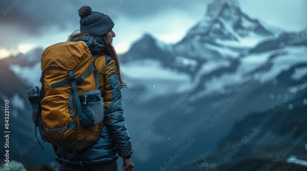 A woman backpacker is hiking in the mountains at night, wearing outdoor and carrying an adventure bag on her back. background features distant snow capped peaks under a dark blue sky. Generative AI.