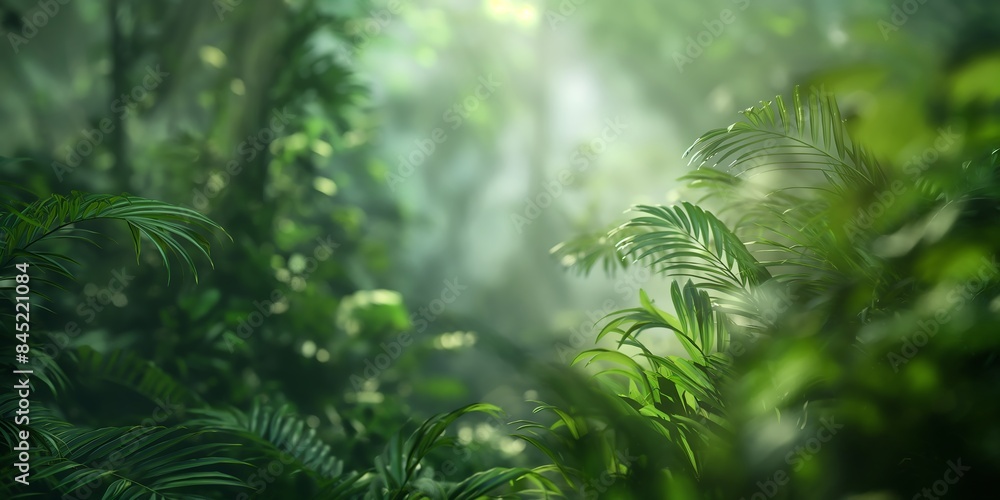 Obraz premium fern in the forest, Adventurous blurred background image of a rainforest expedition with researchers studying plants and wildlife, surrounded by thick foliage and flowering trees
