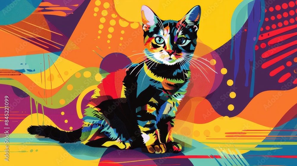 Vivid and colorful abstract illustration of a cat with dynamic patterns and shapes. Ideal for modern and graphic design projects. Vivid and colorful abstract illustration of a cat with dynamic patterns and shapes. Ideal for modern and graphic design projects.