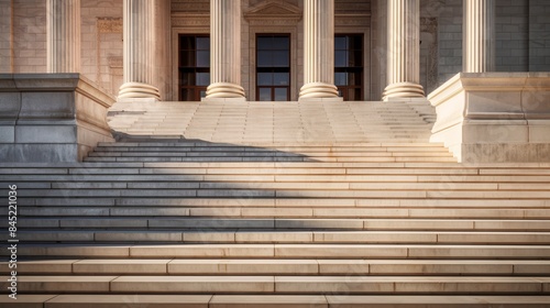 Elevated view of scales of justice, courthouse steps leading up to a majestic entrance