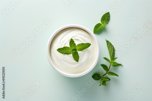 Elegant bowl of vanilla yogurt, top view, garnished with mint leaves, pastel tabletop
