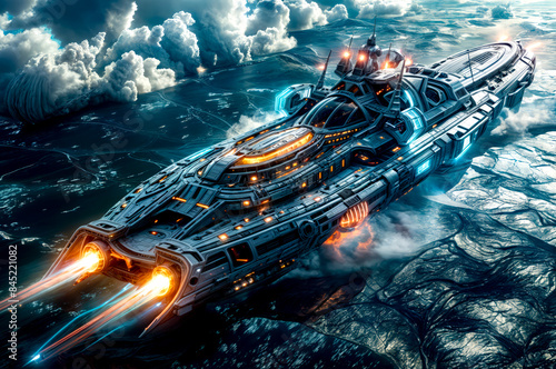 Futuristic ship floating on top of body of water surrounded by clouds.