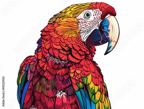 A colorful parrot is perched on a white background. The bird's vibrant colors and its pose create a lively and cheerful atmosphere