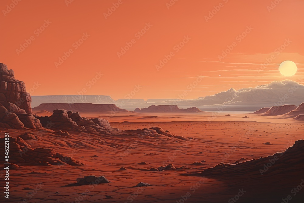 Martian landscape, distant hills, red sands in twilight, serene mood Martian landscape, distant hills, red sands in twilight, serene mood
