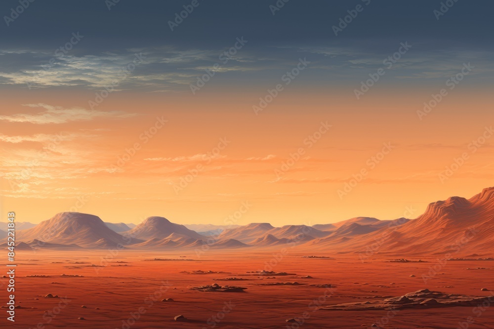 Martian landscape, distant hills, red sands in twilight, serene mood Martian landscape, distant hills, red sands in twilight, serene mood
