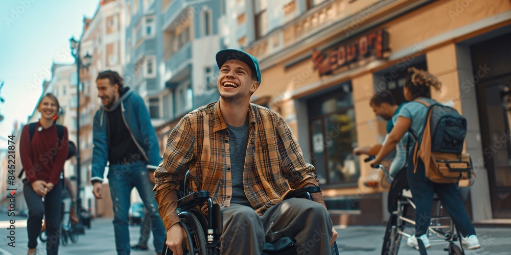 Obraz premium A disabled man enjoying leisure time with companions in an urban setting. Companionship among males.