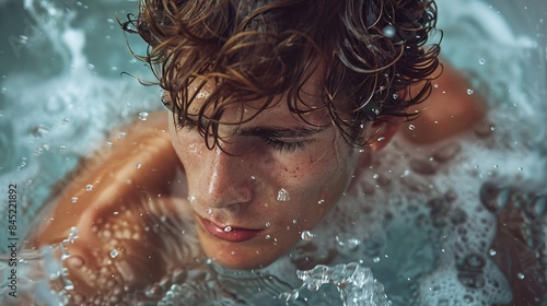 A young man with light, curly hair has a fear of the frigid bathtub water, captured in a close-up full-body image as he submerges himself.