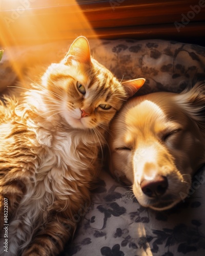 Overhead shot of a dog and cat napping in a sunlit spot, cozy home setting