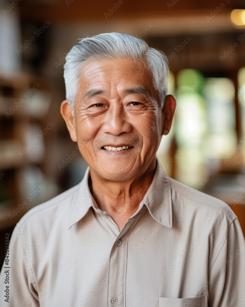 Portrait of a senior Asian man with a gentle smile, indoor setting, soft focus background Portrait of a senior Asian man with a gentle smile, indoor setting, soft focus background