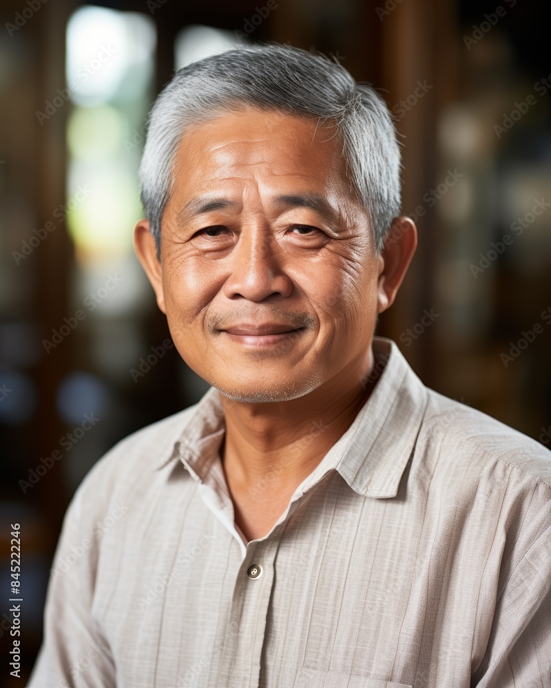 Portrait of a senior Asian man with a gentle smile, indoor setting, soft focus background Portrait of a senior Asian man with a gentle smile, indoor setting, soft focus background