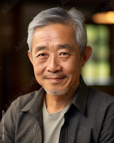 Portrait of a senior Asian man with a gentle smile, indoor setting, soft focus background