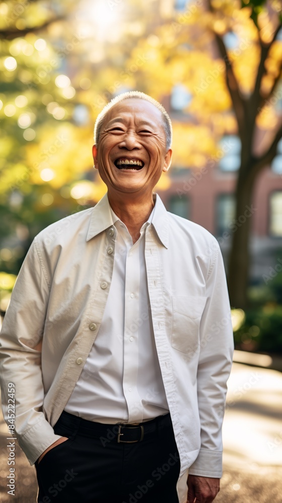 Senior Asian man laughing, sitting in a park, sunny day, casual attire Senior Asian man laughing, sitting in a park, sunny day, casual attire