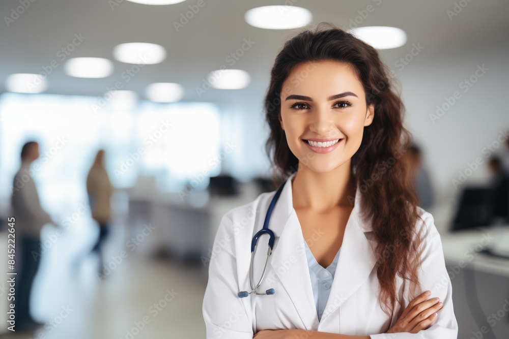 Smiling female doctor in front of blurred medical staff, bright clinic lighting Smiling female doctor in front of blurred medical staff, bright clinic lighting