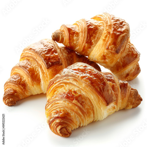 Three golden-brown, freshly baked croissants are displayed on a plain white background, highlighting their flaky texture.