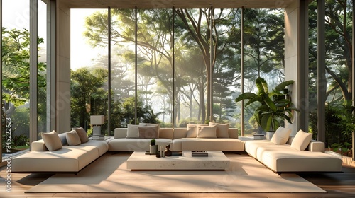 Modern and Serene Living Room Surrounded by Lush Forest Landscape Through Panoramic Glass Windows © Rudsaphon