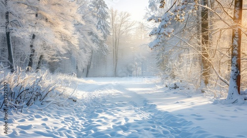 A serene winter scene featuring shimmery whites of freshly fallen snow blanketing a peaceful forest
