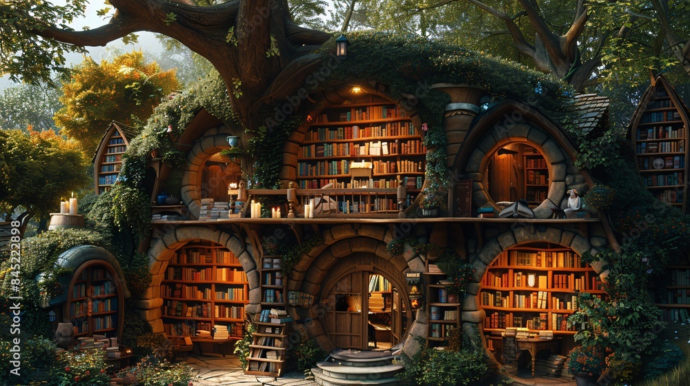 Obraz premium A whimsical cartoon library filled with towering bookshelves, cozy reading nooks, and characters lost in their favorite stories, Generative AI