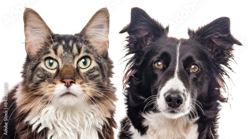 Tabby cat and border collie sheepdog portrait against white background