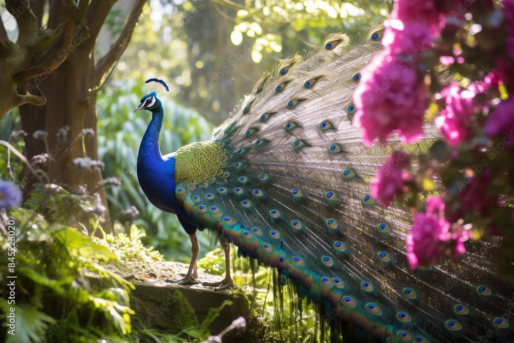 Obraz premium Wide shot of a peacock in a lush garden, feathers fanned, midday sunlight